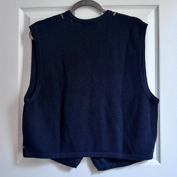 Vintage 90s Koret Petites Large Navy Blue Knit Sweater Vest w Floral Embroidery - Picture 3 of 8